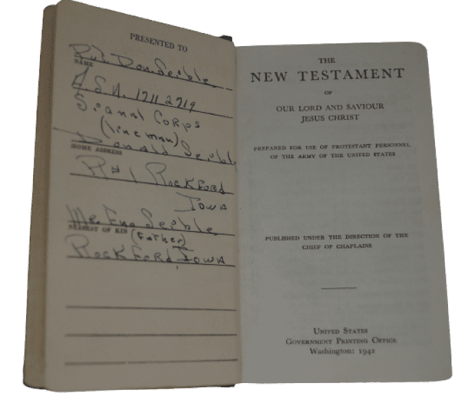 NOUVEAU TESTAMENT 1942 T/4 DONALD SEIBLE SIGNAL CORPS