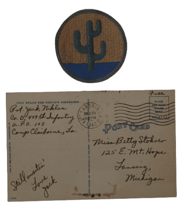 CARTE CAMP CLAIBORNE 1942 PVT NIKLAS 103rd INF DIV WIA