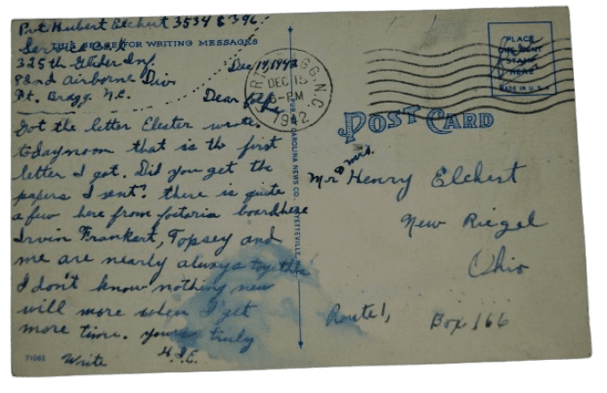CARTE FORT BRAGG 1942 PVT ELCHERT 82ND AIRBORNE 325TH GLIDER